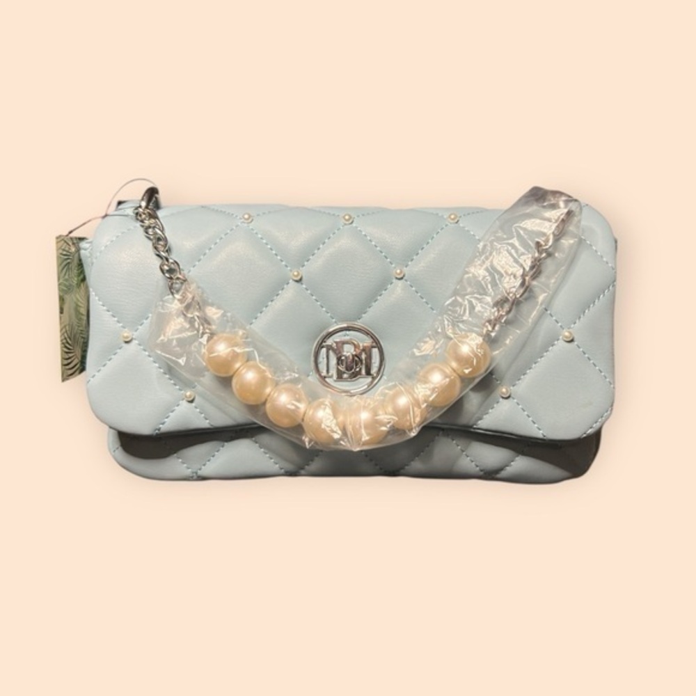 NWT Badgley Mischka Round Letter Lock Shoulder Bag Crossbody with Pearls